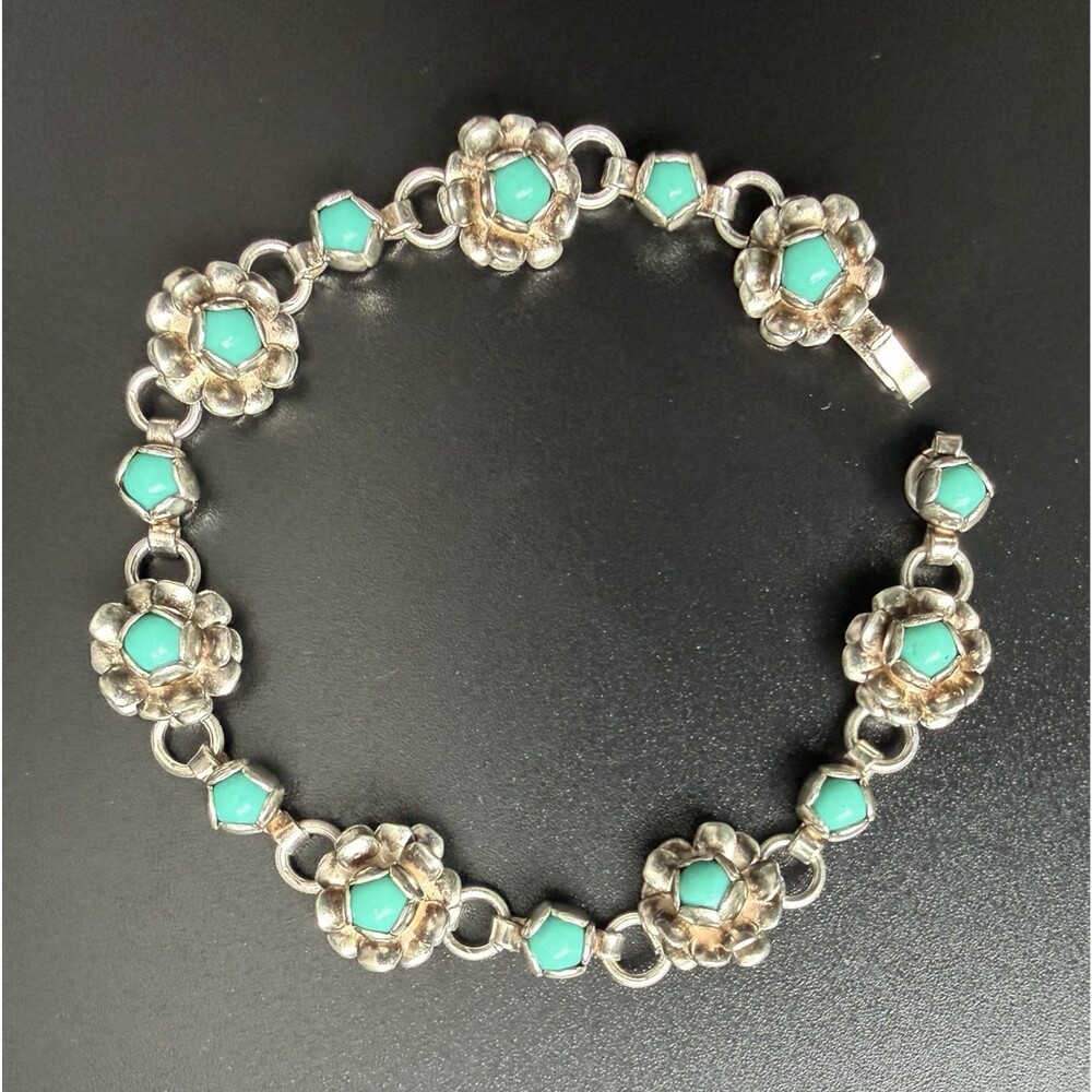 VINTAGE 50s TAXCO MEXICO STERLING SILVER TURQUOISE BLOSSOM FLOWER BRACELET 6.5” - Picture 2 of 16